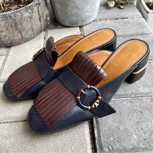 Tory Burch Navy Burgundy Leather Loafer Mule